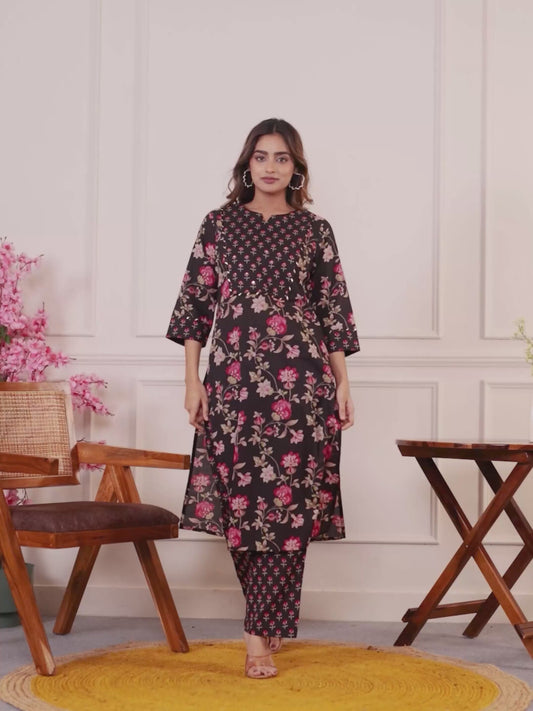 Embroidered Soft Cotton Floral Straight Black Kurta