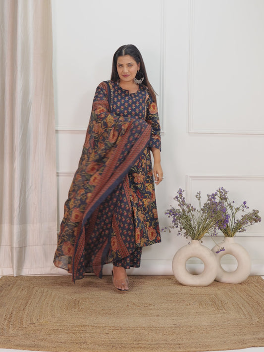 Embroidered Soft Cotton Floral Flared Blue Kurta