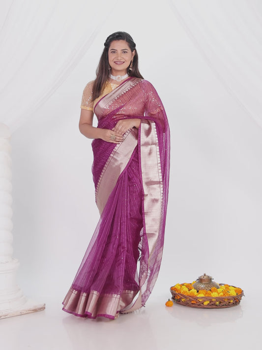 Embroidered Chanderi Purple Saree
