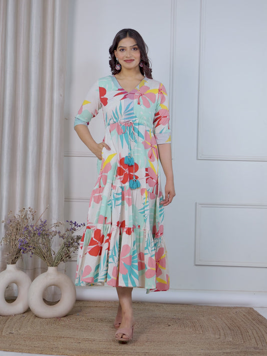 Embroidered Linen Cotton Floral A-line Multicolor Dress