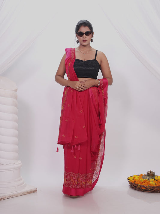 Embroidered Georgette Jacquard Pink Saree