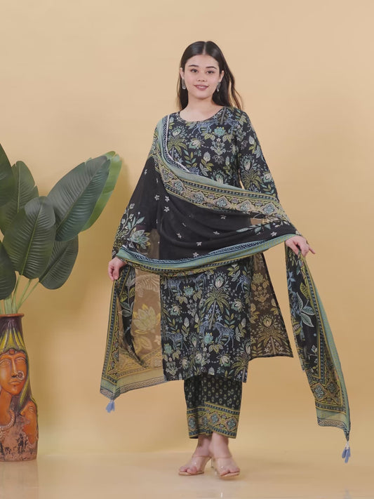 Embroidered Soft Cotton Floral Straight Black Kurta