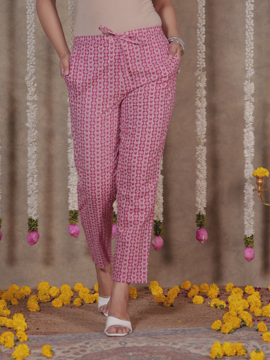 Soft Cotton Geometric Pink Tapered Trousers