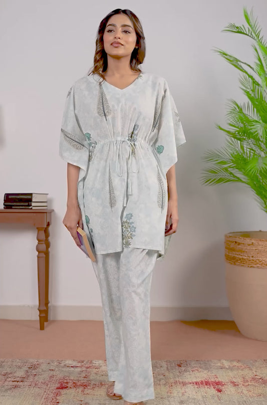 Soft Cotton Mughal Print Kaftan White Kurta