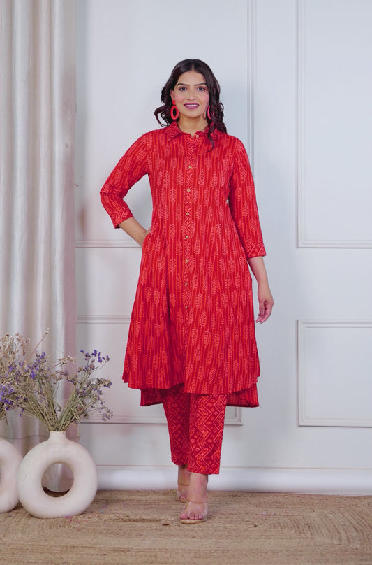 Soft Cotton Geometric High Low Red Kurta