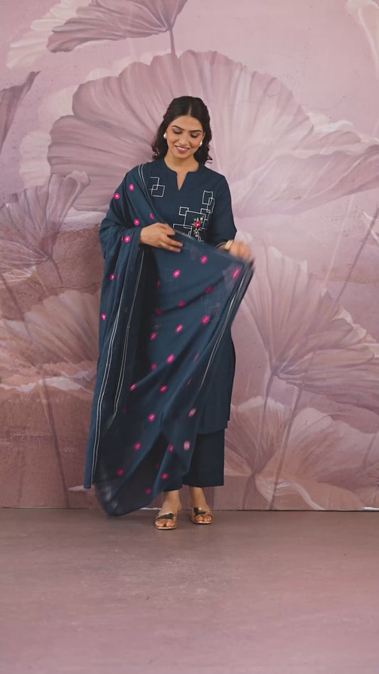 Embroidered Cotton Dobby Solid Straight Blue Kurta