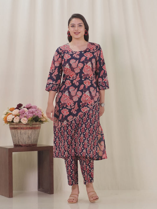Soft Cotton Floral Straight Blue Kurta