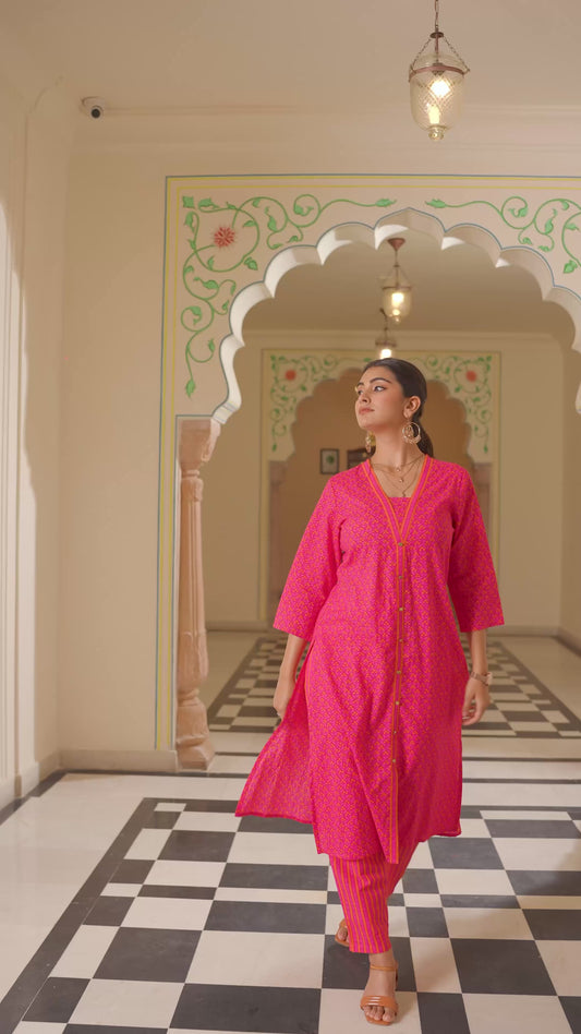 Soft Cotton Geometric A-line Pink Kurta