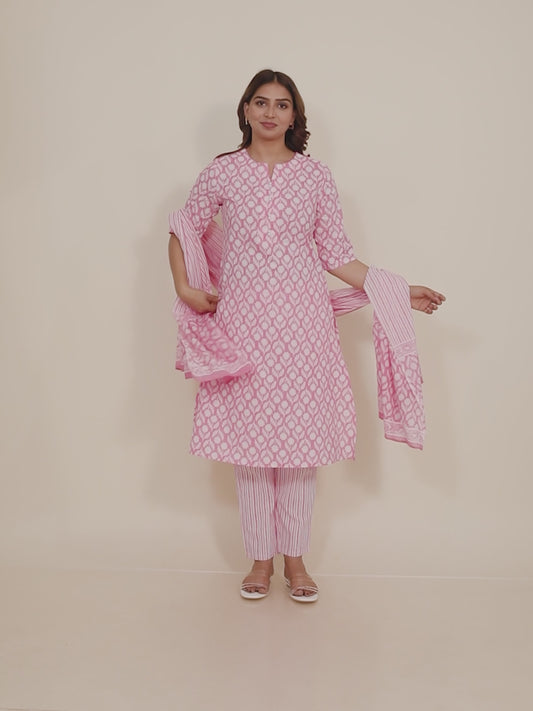 Soft Cotton Floral A-line Pink Kurta