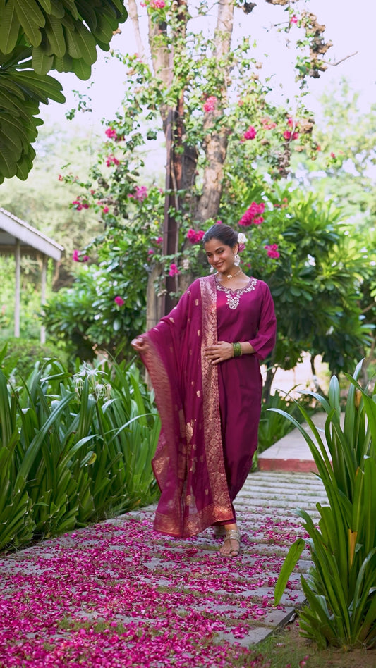 Embroidered Blended Silk Solid Straight Maroon Kurta