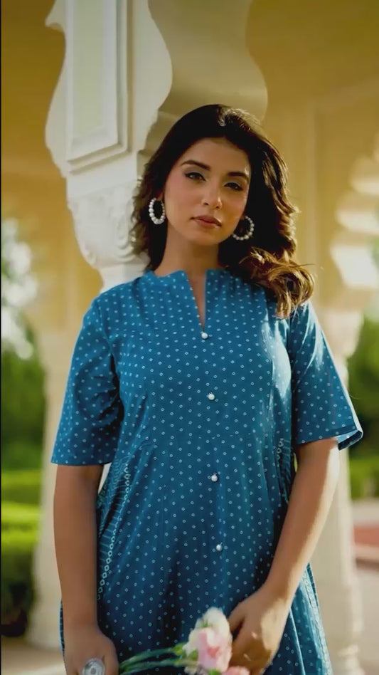 Soft Cotton Bandhani High Low Blue Dress