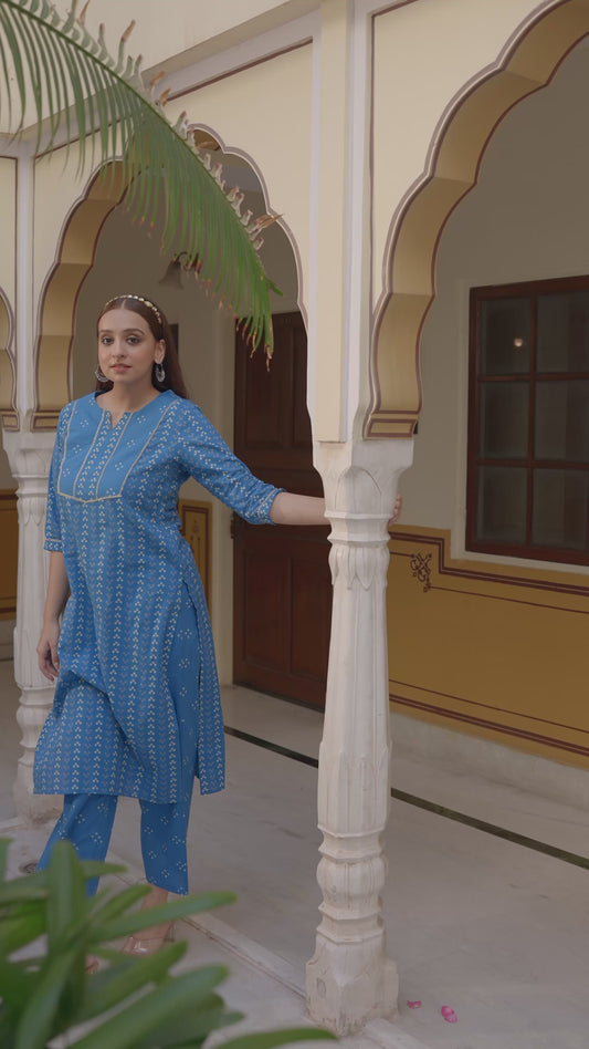 Soft Cotton Bandhani Straight Blue Kurta