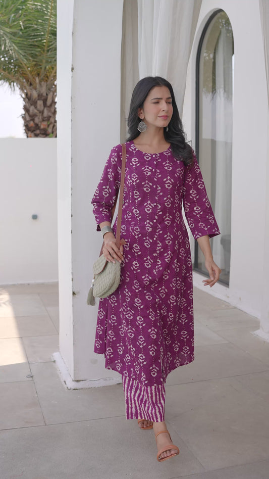 Soft Cotton Abstract Flared Purple Kurta