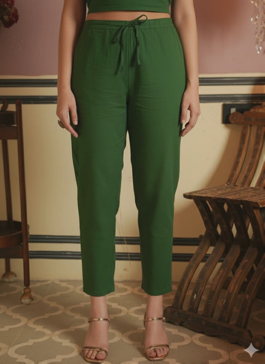 Soft Cotton Solid Green Flared Trousers