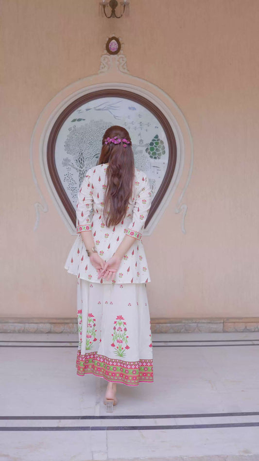 Soft Cotton Floral Flared Off White Kurta