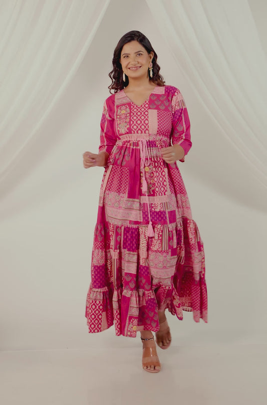 Soft Cotton Patchwork Anarkali Pink Dress