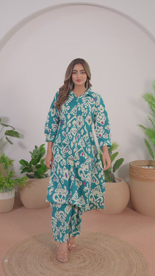 Soft Cotton Ikat High Low Blue Kurta
