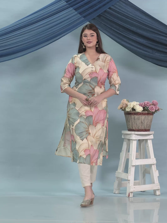 Muslin Floral Straight Beige Kurta