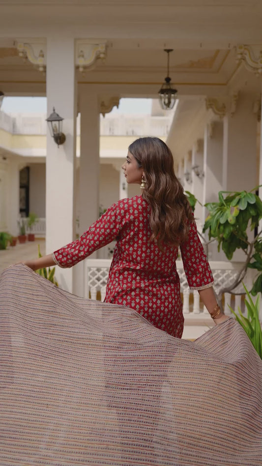 Embroidered Soft Cotton Floral Straight Red Kurta