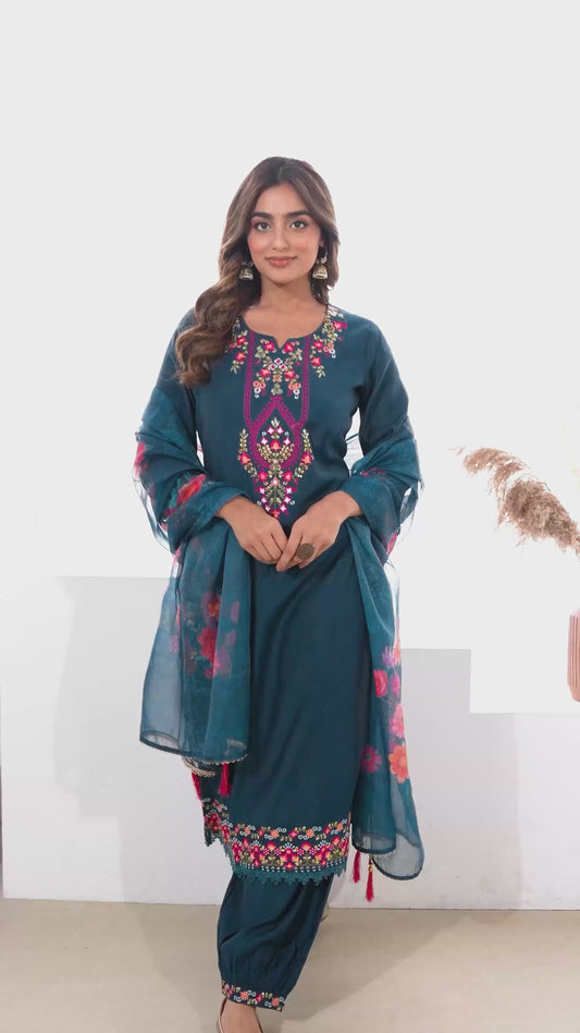 Embroidered Chanderi Solid Straight Teal Kurta