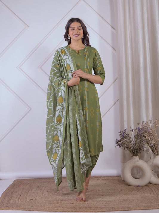 Soft Cotton Geometric Straight Green Kurta