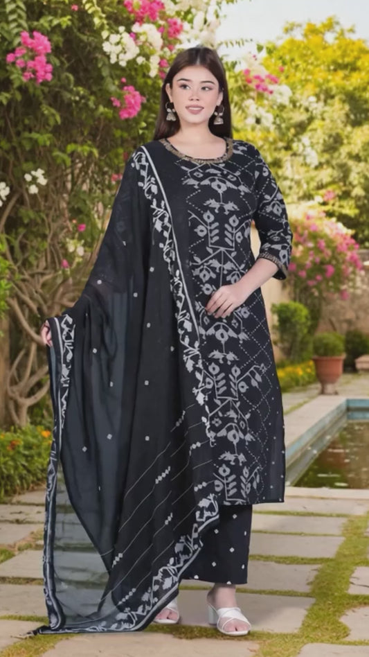 Soft Cotton Geometric Straight Black Kurta