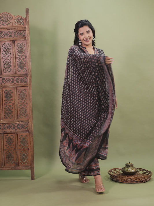 Soft Cotton Ajrakh A-line Black Kurta