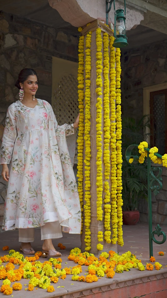 Chanderi Floral Anarkali White Kurta