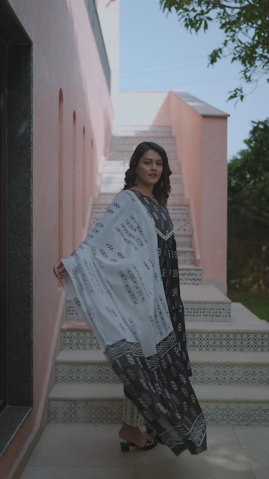 Soft Cotton Ikat A-line Black Kurta