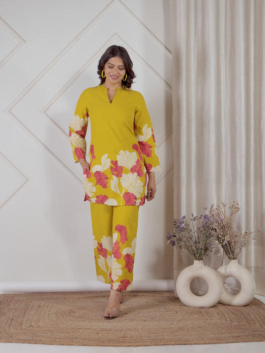 Soft Cotton Placement Print Straight Yellow Coord