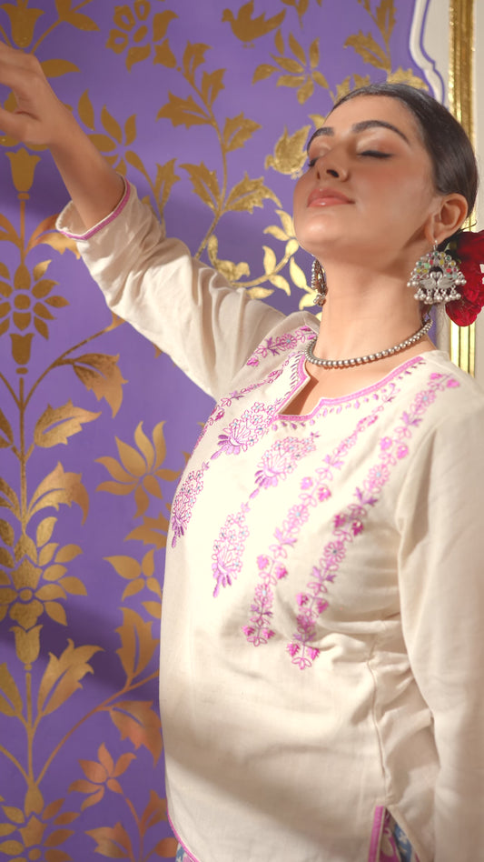 Embroidered Linen Cotton Solid Straight Off White Kurta