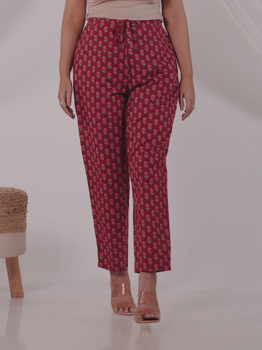 Soft Cotton Floral Maroon Tapered Trousers