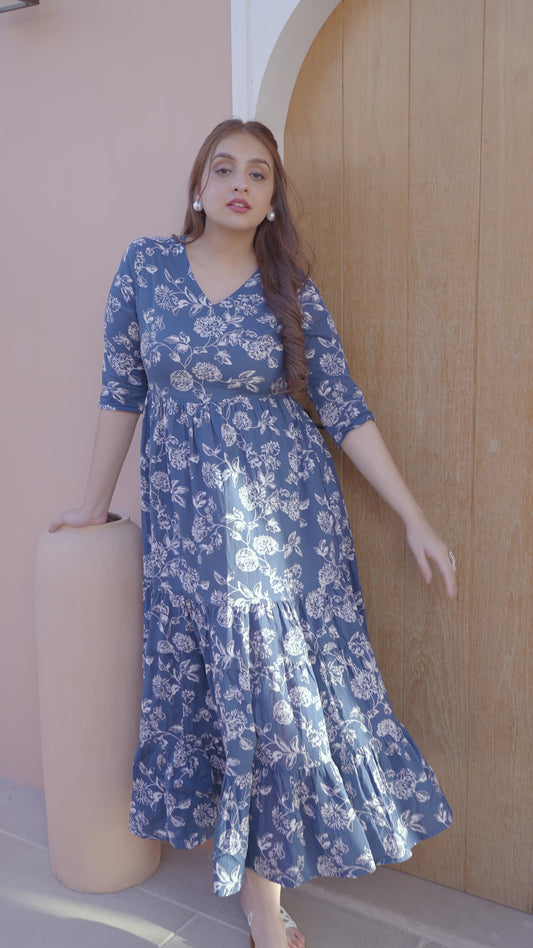 Soft Cotton Floral Tiered Blue Dress