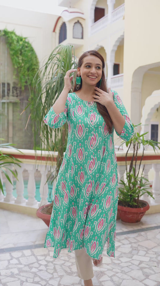 Soft Cotton Ikat A-line Green Kurta
