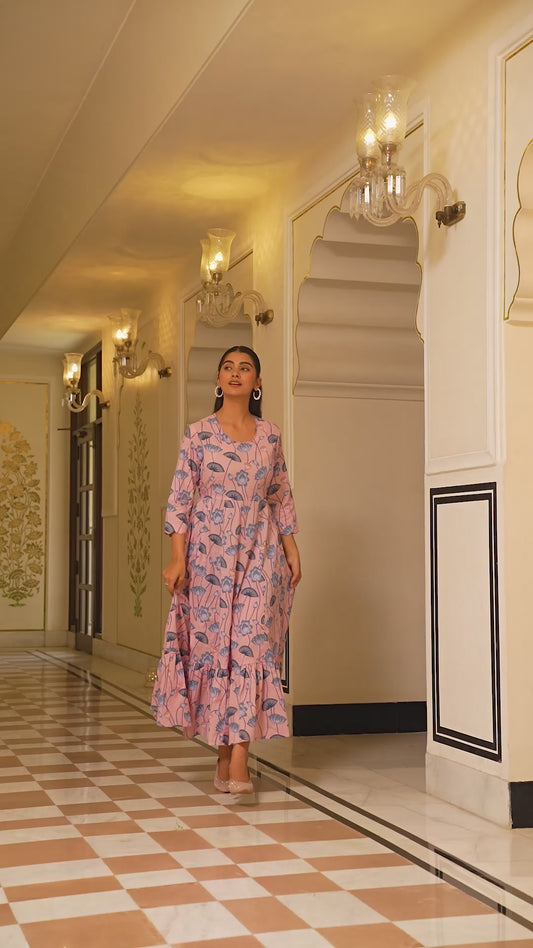 Embroidered Soft Cotton Floral Anarkali Pink Dress