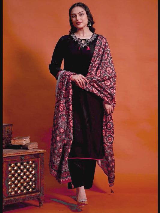 Embroidered Chanderi Solid Straight Black Kurta