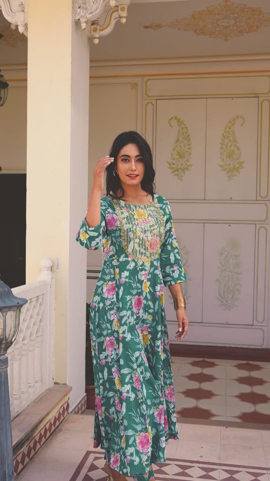 Embroidered Kantha Cotton Floral Anarkali Teal Kurta