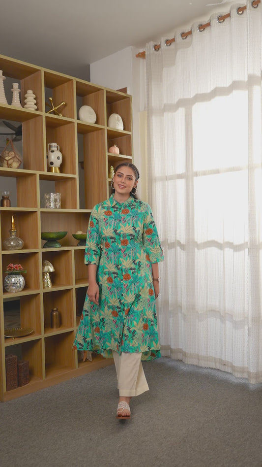Soft Cotton Foliage Flared Turquoise Dress