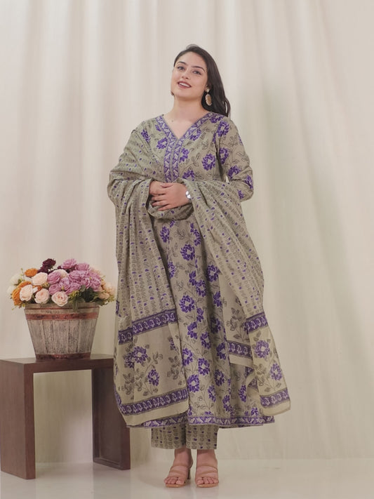 Soft Cotton Floral Flared Purple Kurta