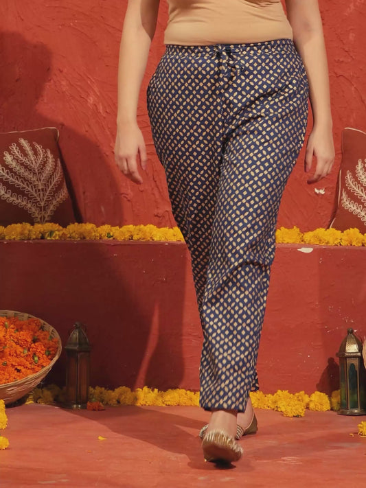 Viscose Gold foil Blue Straight Trousers