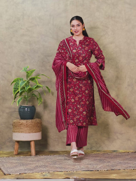 Kantha Cotton Floral Straight Red Kurta