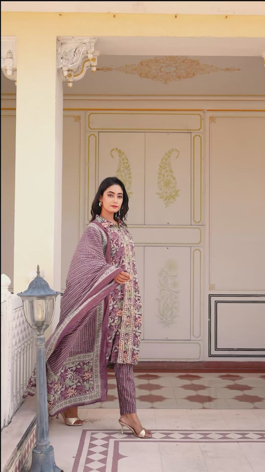 Embroidered Soft Cotton Floral High Low Purple Kurta