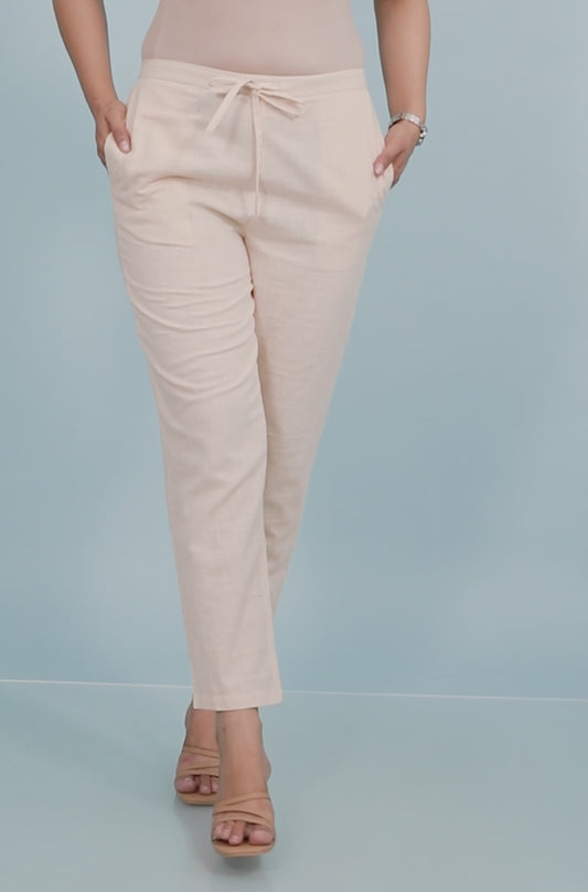 Linen Cotton Solid Beige Tapered Trousers