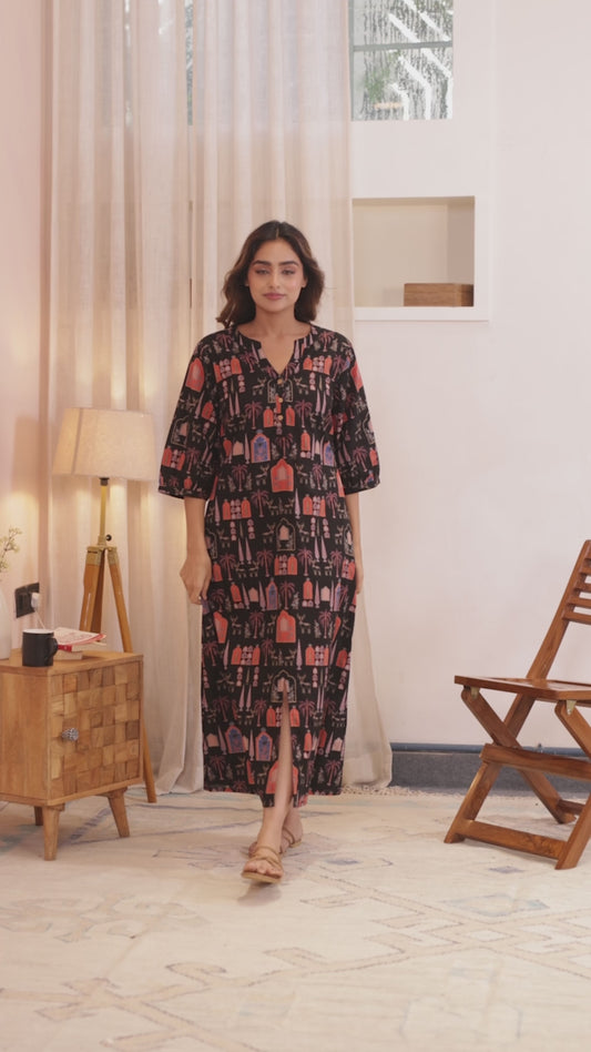 Soft Cotton Mughal Print Straight Black Nighty