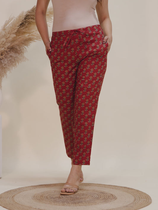 Soft Cotton Block Print Red Tapered Trousers