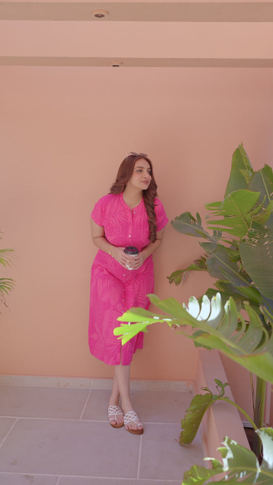 Cotton Dobby Foliage A-line Pink Dress