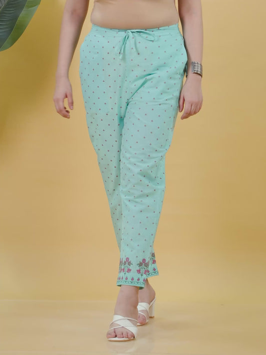 Soft Cotton Floral Turquoise Tapered Trousers