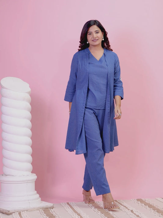 Kantha Cotton Solid Straight Blue Kurti