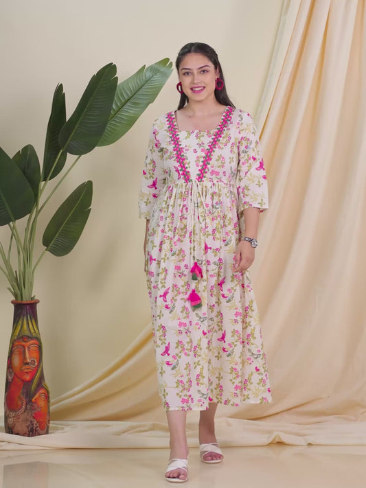 Embroidered Soft Cotton Floral Flared Multicolor Dress