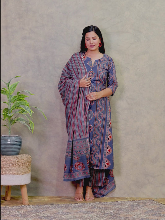 Soft Cotton Geometric A-line Indigo Blue Kurta